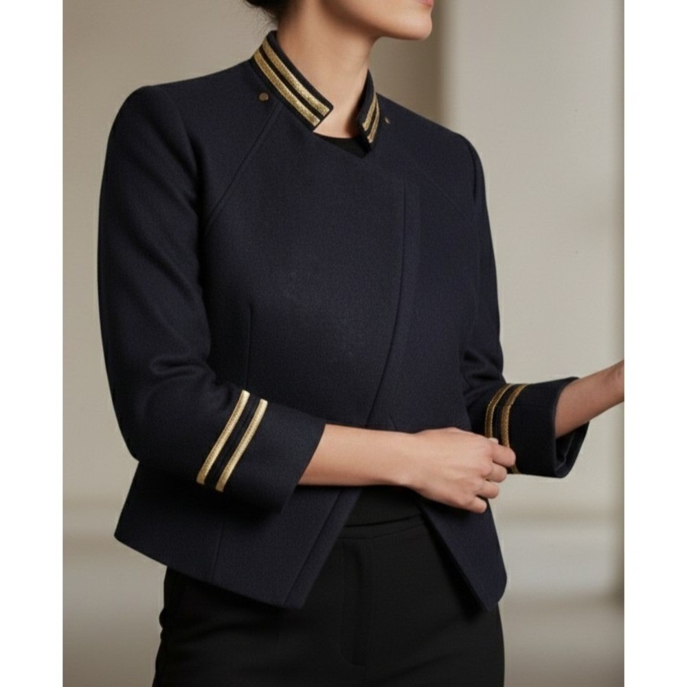 H&M Wool Blend Navy Gold Trim Stitching Short Military Jacket Women's 12 / Large - Picture 3 of 6
